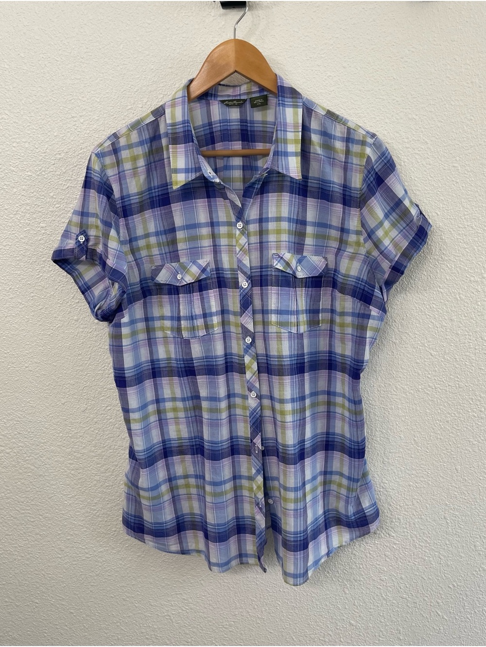 Eddie Bauer Blue, Lavendar, Green Plaid Short-Sleeve Button-Down Cotton Shirt